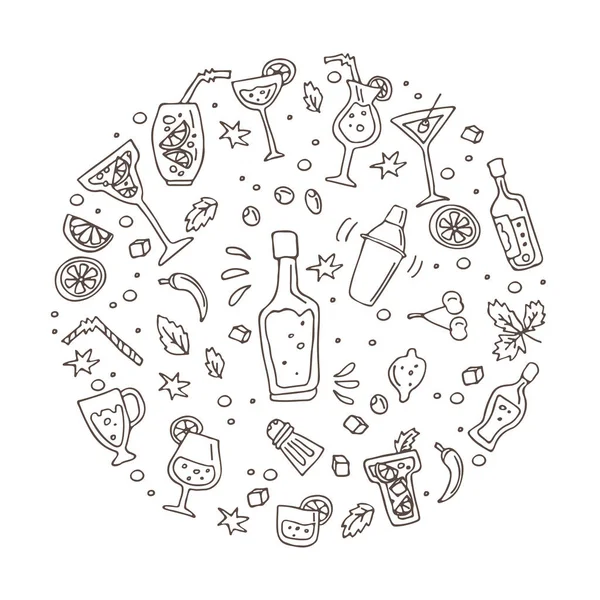 カクテルバー セットの記号 シェーカー メガネ 飲み物 アルコール飲料 フルーツとスパイスの成分 落書きスタイル ステッカー リーフレットや小冊子のデザイン要素 — ストックベクタ
