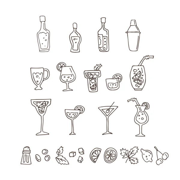 Set Símbolos Barra Cócteles Coctelera Vasos Bebidas Bebidas Alcohólicas Frutas — Vector de stock