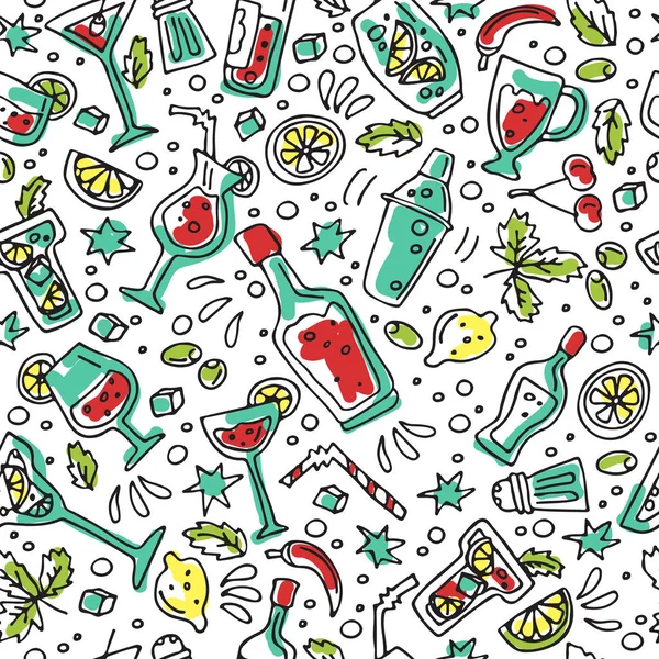 Seamless pattern with cocktail bar symbols set: shaker, glasses, drinks, alcohol beverages, fruit and spice ingredients. Doodle style. Design element for fabric or gift wrap.