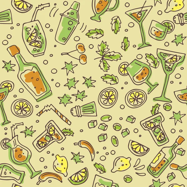 Seamless pattern with cocktail bar symbols set: shaker, glasses, drinks, alcohol beverages, fruit and spice ingredients. Doodle style. Design element for fabric or gift wrap.