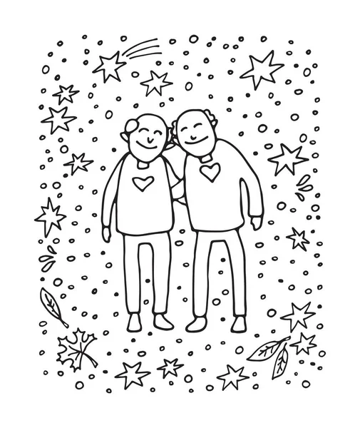 Postarší Homosexuální Pár Bílém Pozadí Gay Seniory Doodle Styl Designový — Stockový vektor