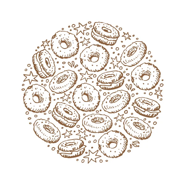 Cirkel Ram Med Bagels Isolerad Vit Bakgrund Bakade Varor Doodle — Stock vektor