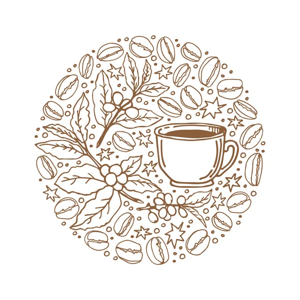 サークル フレーム白い背景で隔離のコーヒー カップ 落書きスタイル カフェ メニューのチラシ ステッカー マグネットの設計要素 — ストックベクタ