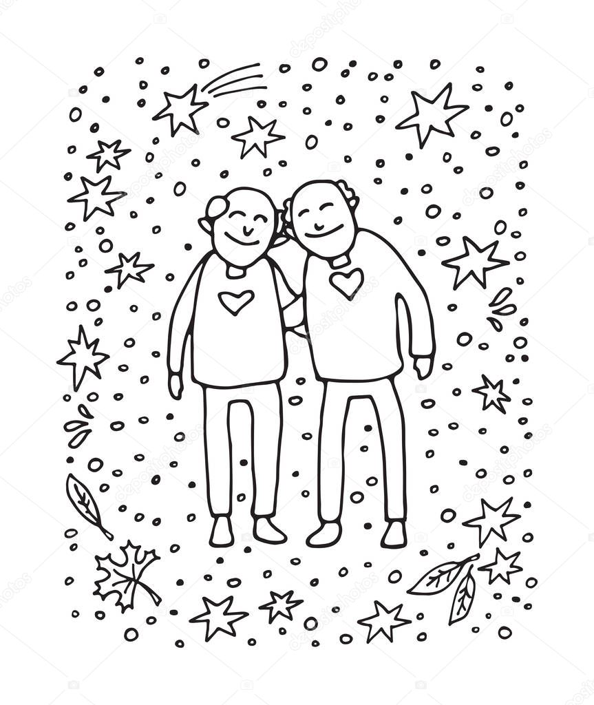 Elderly gay couple on white background. Gay seniors. Doodle style. Design element for leaflets or posters.