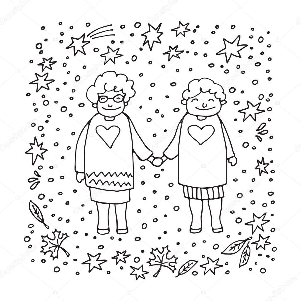 Elderly gay woman couple on white background. Gay seniors. Doodle style. Design element for leaflets or posters.