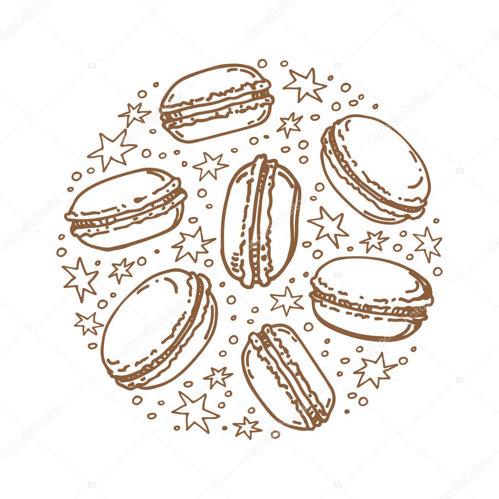 Circle frame with macaroons isolated on white background. Baked goods. Doodle style. Design element for cafe menu, leaflets, stickers or magnets.