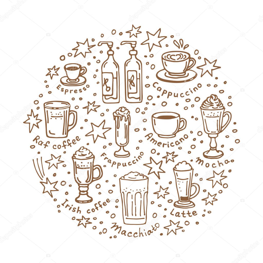 Circle frame with coffee drinks isolated on white background. Doodle style. Design element for cafe menu, leaflets, stickers or magnets.
