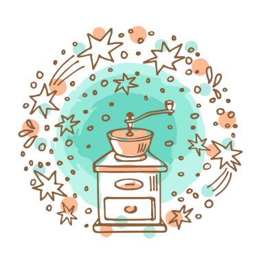 Beyaz arka plan üzerinde izole kahve değirmeni daire çerçeve. Doodle tarzı. Tasarım öğesi Cafe menü, broşürler, Etiketler veya mıknatıslar.