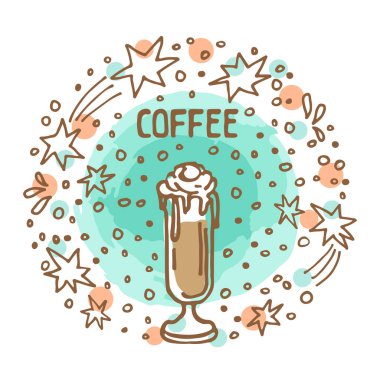 Kahve ya da dondurma tatlı kahve beyaz arka plan üzerinde izole ile daire kare. Doodle tarzı. Tasarım öğesi Cafe menü, broşürler, Etiketler veya mıknatıslar.