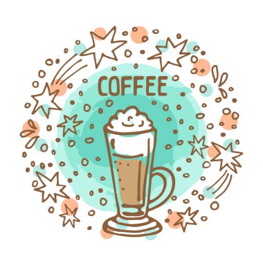 Kahve Latte beyaz arka plan üzerinde izole kare daire içine alın. Doodle tarzı. Tasarım öğesi Cafe menü, broşürler, Etiketler veya mıknatıslar.