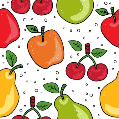Çizilmiş elma, armut, kiraz, Erik, armut beyaz arka plan üzerinde izole ver. Doodle tarzı. Seamless modeli. Tasarım öğesi için kumaş, duvar kağıdı veya hediye sarın. Elle çizilmiş stili.