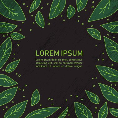 Elle çizilmiş yeşil yaprakları koyu arka plan üzerinde izole metin çerçevesi ile. Doodle tarzı. Broşür, kitapçık veya kapak tasarım şablonu. Elle çizilmiş stili.