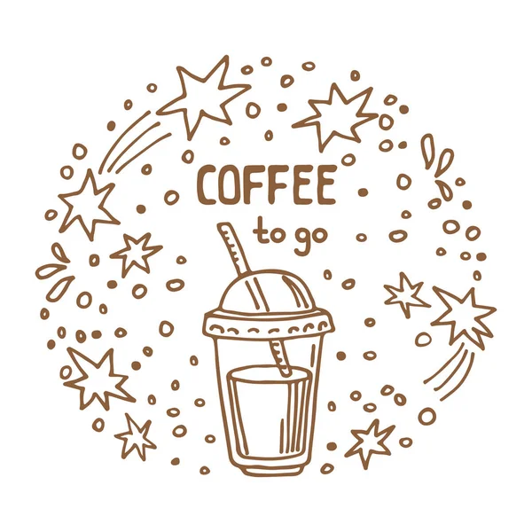 Cirkelframe Met Koffie Gaan Geïsoleerd Witte Achtergrond Doodle Stijl Ontwerpelement — Stockvector