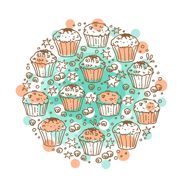 Κύκλος Πλαίσιο Muffins Που Απομονώνονται Λευκό Φόντο Ψημένα Αγαθά Doodle — Διανυσματικό Αρχείο