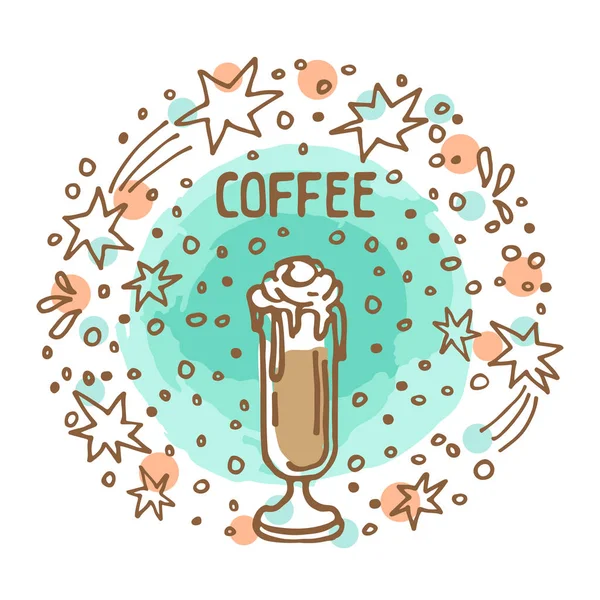 圆框架与咖啡或冰淇淋甜点咖啡隔离在白色背景 涂鸦风格 咖啡菜单 贴纸或磁铁的设计元素 — 图库矢量图片