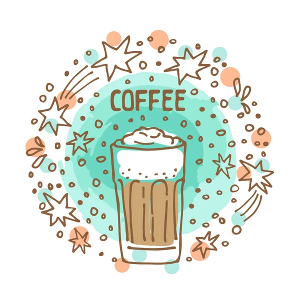 Cirkla Ram Med Kaffe Macchiato Isolerad Vit Bakgrund Doodle Stil — Stock vektor
