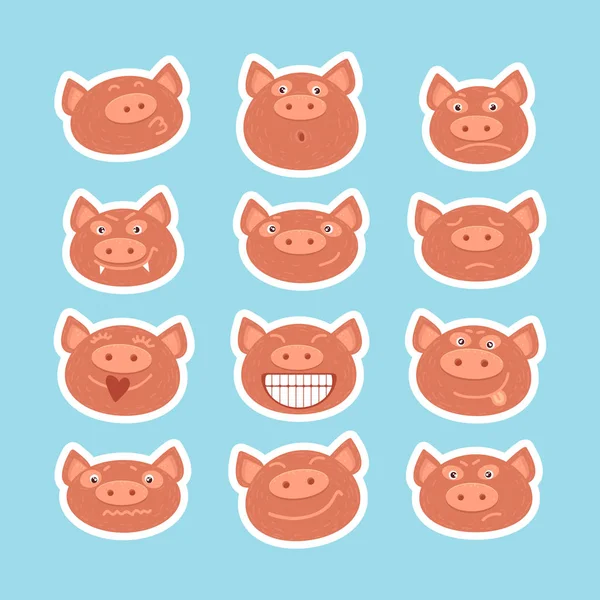 Cute Collection Visages Porcelet Isolé Sur Fond Bleu Cochon Symbole — Image vectorielle