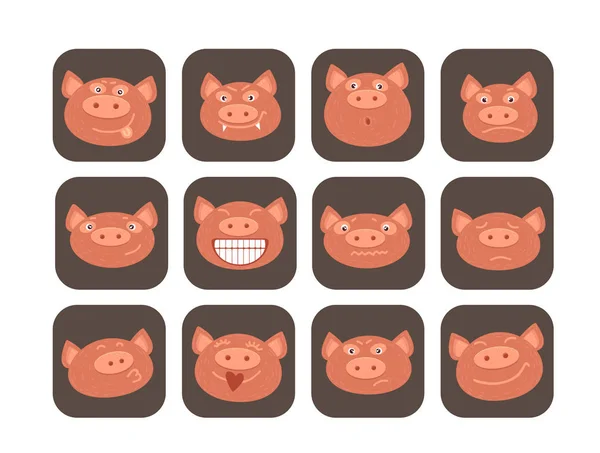 可爱的小猪面对收集查出在蓝色背景 猪油是当年的十二生肖象征 贴纸或磁铁的平面设计元素 — 图库矢量图片