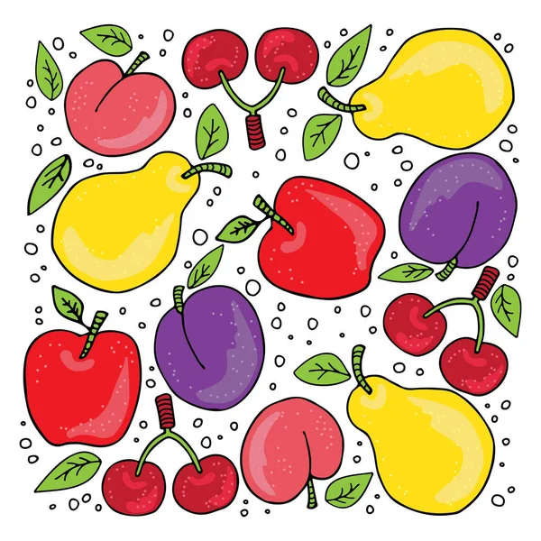 Hand Drawn Apple Pear Cherry Plum Pear Isolated White Background — Stock Vector