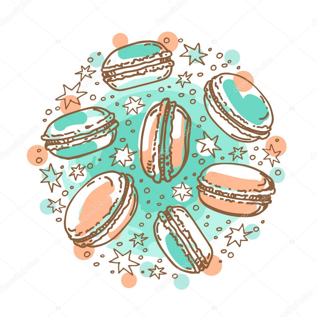 Circle frame with macaroons isolated on white background. Baked goods. Doodle style. Design element for cafe menu, leaflets, stickers or magnets.