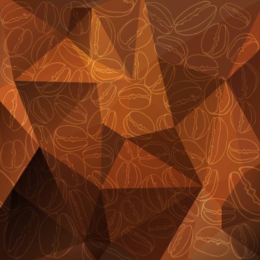 Kahve çekirdekleri ile poligonal arka plan. Kahve rengi arka plan. Tasarım öğesi Cafe menü veya afiş için.