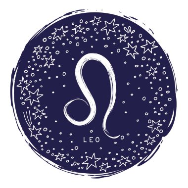 Yıldız ile beyaz arka plan üzerinde Leo izole burç. Zodyak takımyıldızı. Astroloji ve astrolojik tahmin için öğe tasarlayın. Doodle stili.
