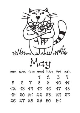Takvim sayfası ile şirin doodle kedi beyaz arka plan üzerinde izole. Duvar aylık takvim veya masa takvimi 2019. Olabilir ay. El çizim stili.