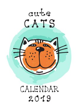 Sevimli kedi beyaz arka plan üzerinde izole doodle. Duvar aylık takvim 2019 için kapak. El çizim stili.