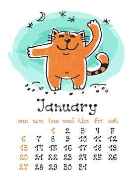 Takvim sayfası ile şirin doodle kedi beyaz arka plan üzerinde izole. Duvar aylık takvim veya masa takvimi 2019. Ocak ay. El çizim stili.