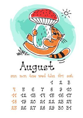 Takvim sayfası ile şirin doodle kedi beyaz arka plan üzerinde izole. Duvar aylık takvim veya masa takvimi 2019. Ağustos ay. El çizim stili.
