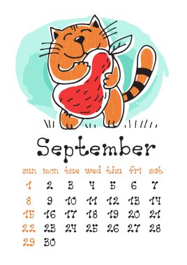 Takvim sayfası ile şirin doodle kedi beyaz arka plan üzerinde izole. Duvar aylık takvim veya masa takvimi 2019. Eylül ay. El çizim stili.