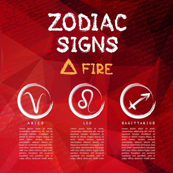 Signos Del Zodíaco Según Elemento Fuego Aries Leo Sagitario Constelaciones — Vector de stock