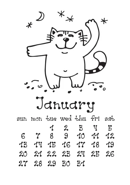 Página Del Calendario Con Lindo Gato Garabato Aislado Sobre Fondo — Archivo Imágenes Vectoriales