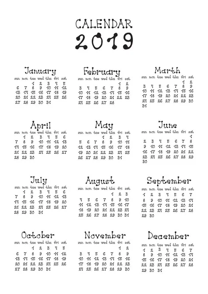 Einfaches Kalenderlayout Für Das Jahr 2019 Die Woche Beginnt Sonntag — Stockvektor