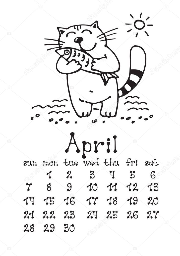 Calendar page with cute doodle cat isolated on white background. Wall monthly calendar or desk calendar 2019. April Month. Hand drawing style.