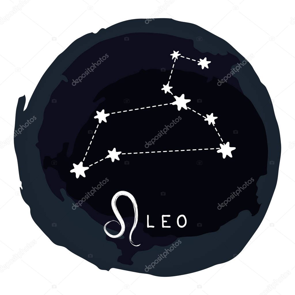 Zodiac sign Leo with ink grunge frame isolated on white background. Zodiac constellation. Design element for horoscope and astrological forecast.