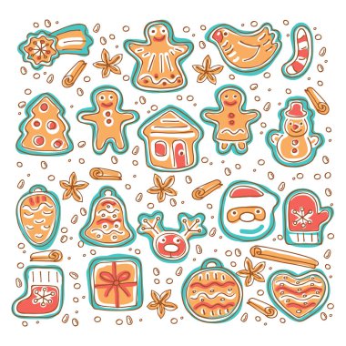 Beyaz arka plan üzerinde izole Noel sevimli gingerbread çerezleri. Doodle tarzı. Tebrik kartları, broşür, poster, afiş ve ev dekorasyonu için tasarım öğeleri. Tatil sembolleri.
