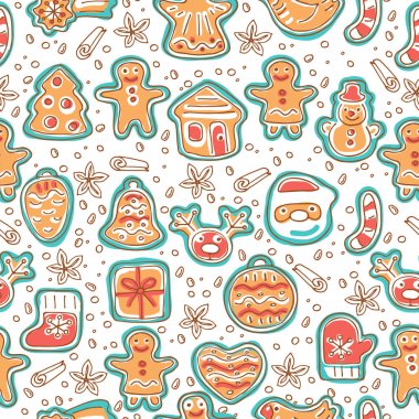 Beyaz arka plan üzerinde izole sevimli gingerbread çerezleri ile Seamless modeli. Doodle tarzı. Kağıt, duvar kağıdı veya tekstil baskı kaydırma öğesi tasarım.