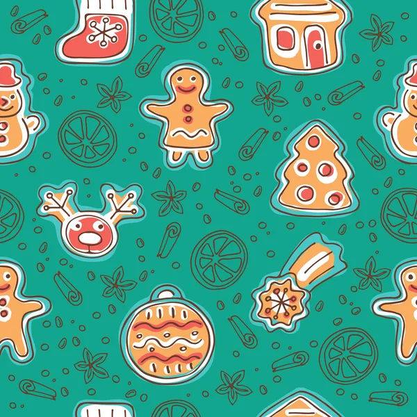 Seamless Pattern Cute Gingerbread Cookies Isolated Blue Background Doodle Style — Stock Vector
