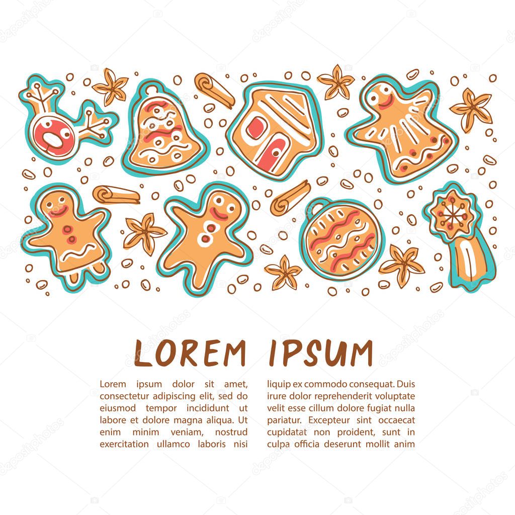 Template with Christmas cute gingerbread cookies isolated on white background. Doodle style. Design elements for greeting cards, leaflets, posters, banners and home decorations. Holiday symbols.