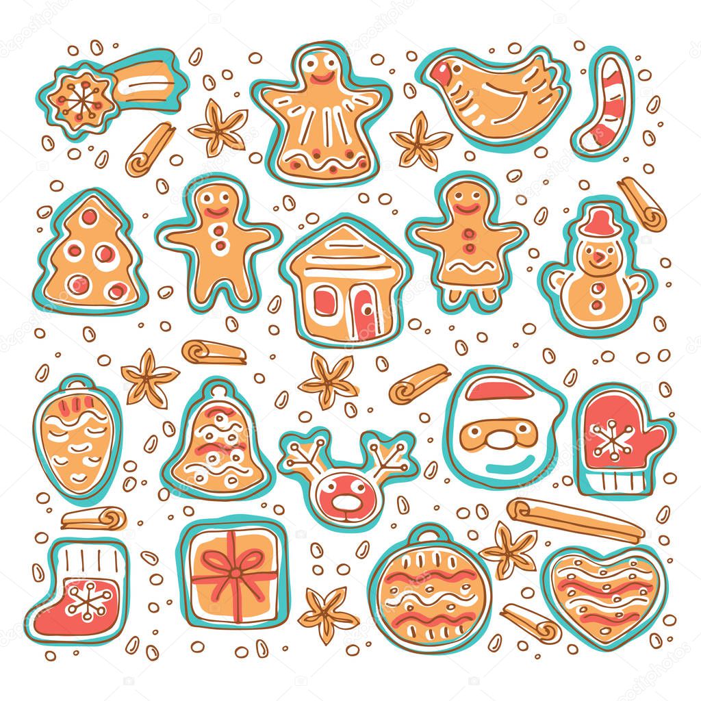 Christmas cute gingerbread cookies isolated on white background. Doodle style. Design elements for greeting cards, leaflets, posters, banners and home decorations. Holiday symbols.