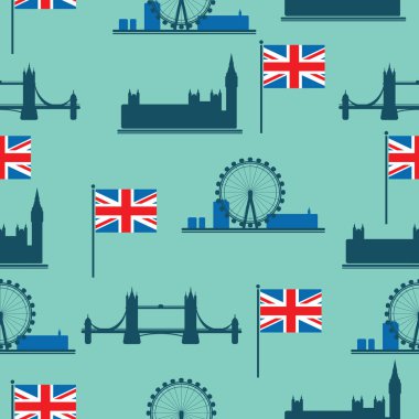 Londra ana konumlar üzerinde mavi arka plan izole kümesi. Seamless modeli. Tasarım öğesi için kumaş, kağıt, duvar kağıdı, el ilanları veya poster kaydırma. Düz tasarım.