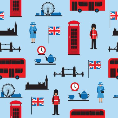Londra ana konumlar üzerinde mavi arka plan izole kümesi. Seamless modeli. Tasarım öğesi için kumaş, kağıt, duvar kağıdı, el ilanları veya poster kaydırma. Düz tasarım.