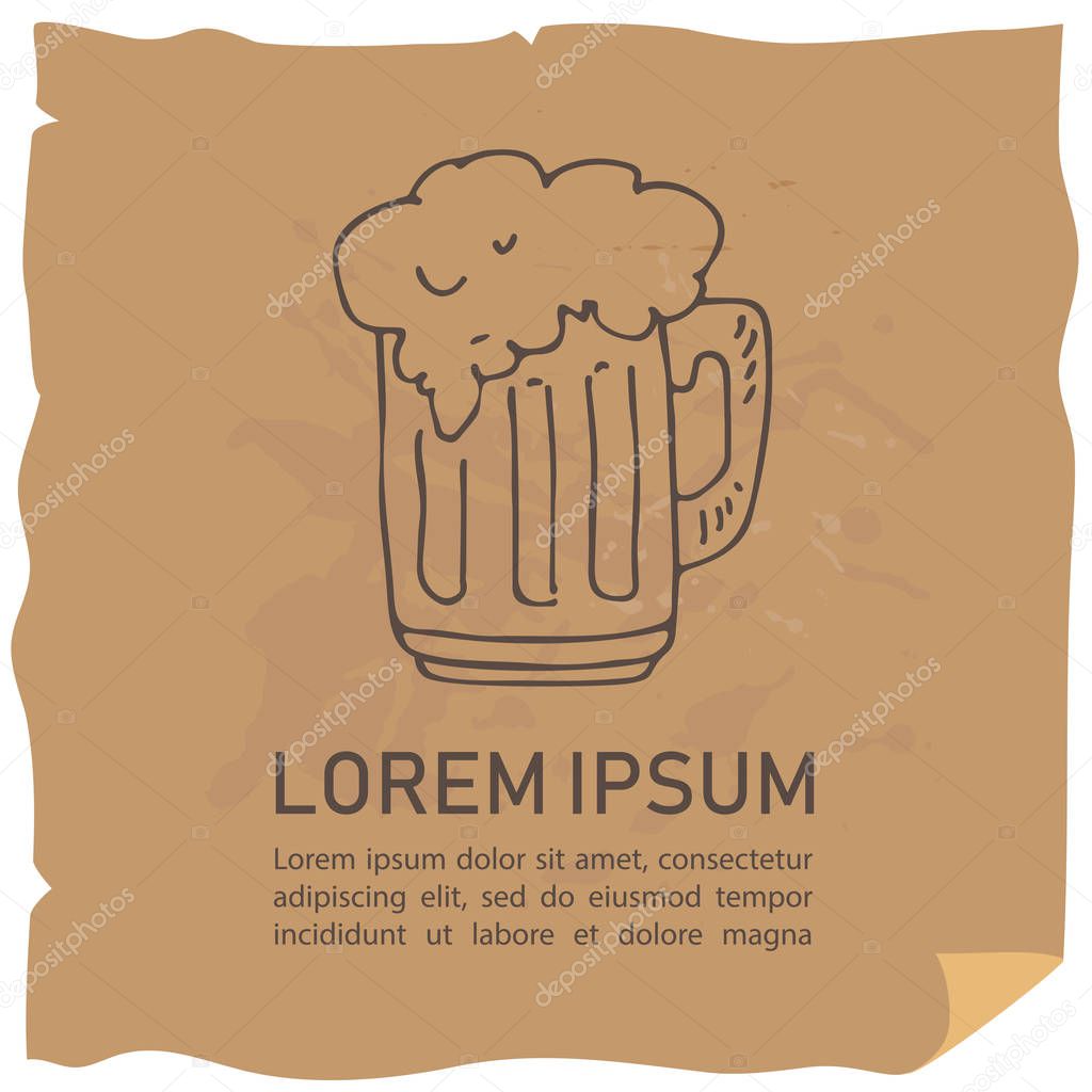 Hand drawn beer mug and text frame isolated on craft paper background. Template for leaflets or booklets.