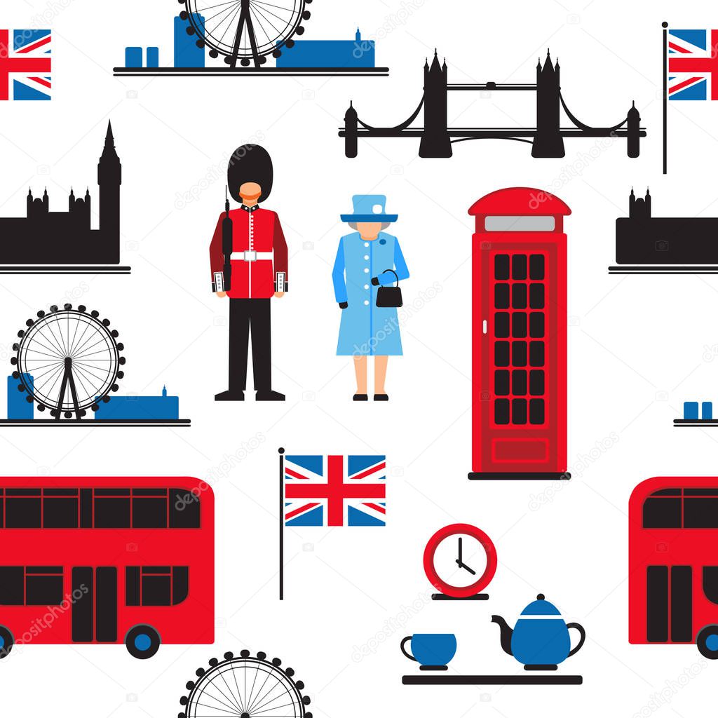 Set of London main attractions isolated on white background. Seamless pattern. Design element for fabric, wrapping paper, wall paper, flyers or posters. Flat design.
