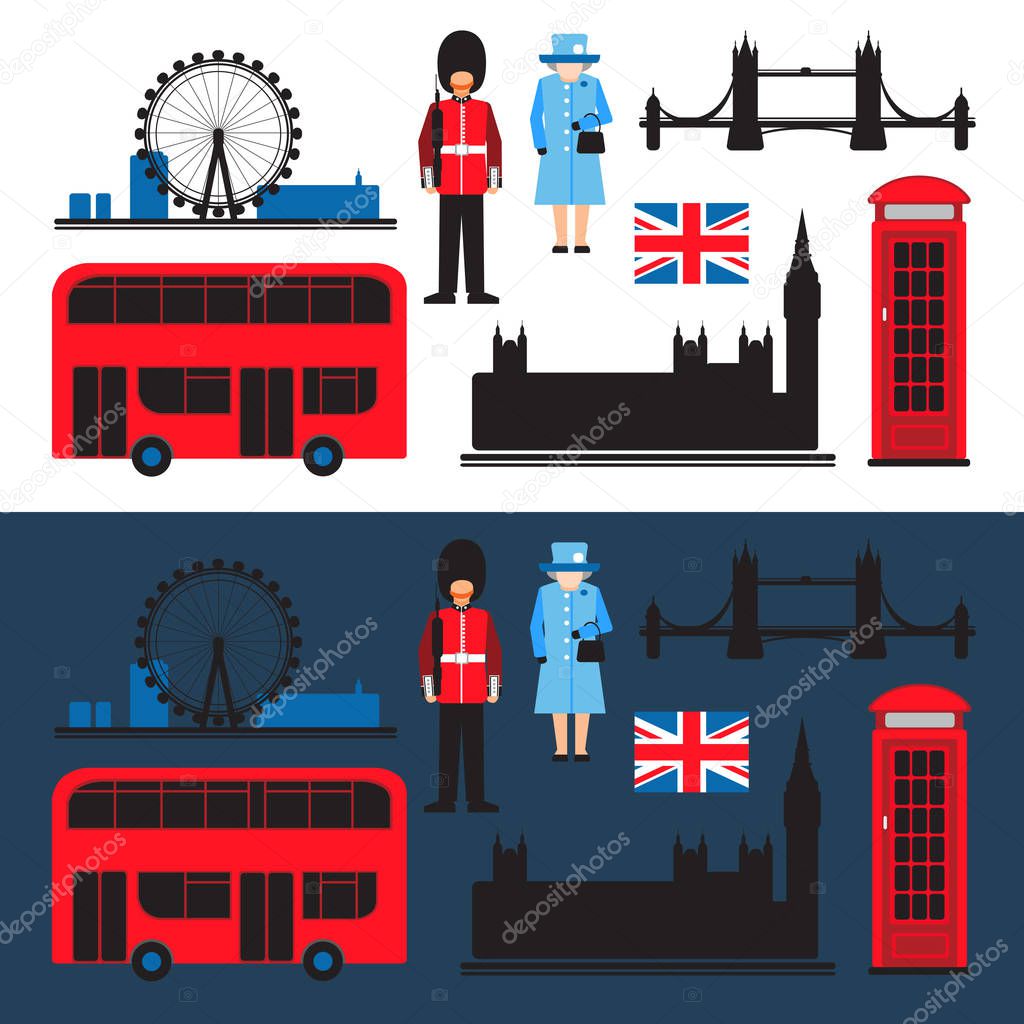 Set of London main attractions isolated on white background. Design elements for flyers or posters and etc. Flat design.