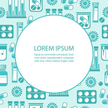 Farklı tıbbi hapları, şişe, şırınga ve kan örnek tüpler şablonu. Broşür, afiş, poster için tasarım öğesi. Düz stil vektör çizim.