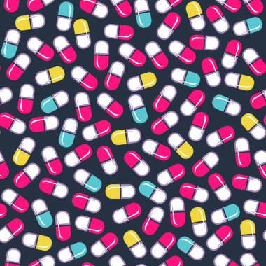 Koyu arka plan üzerinde renkli tıp hapları ile Seamless modeli. Kağıt, duvar kağıdı ve kumaş sarma için tasarım öğesi. Düz stil vektör çizim.