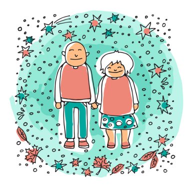 Elderly couple on blue background. Doodle style. Design element for leaflets or posters. clipart