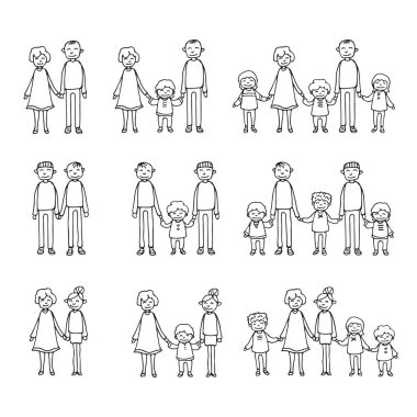 Mutlu aile sembolleri. Beyaz arka plan üzerinde izole çocuklu anne. Eşcinsel aile çocuklarla. LGBT gurur sembolü. Beyaz aile. Doodle stili.